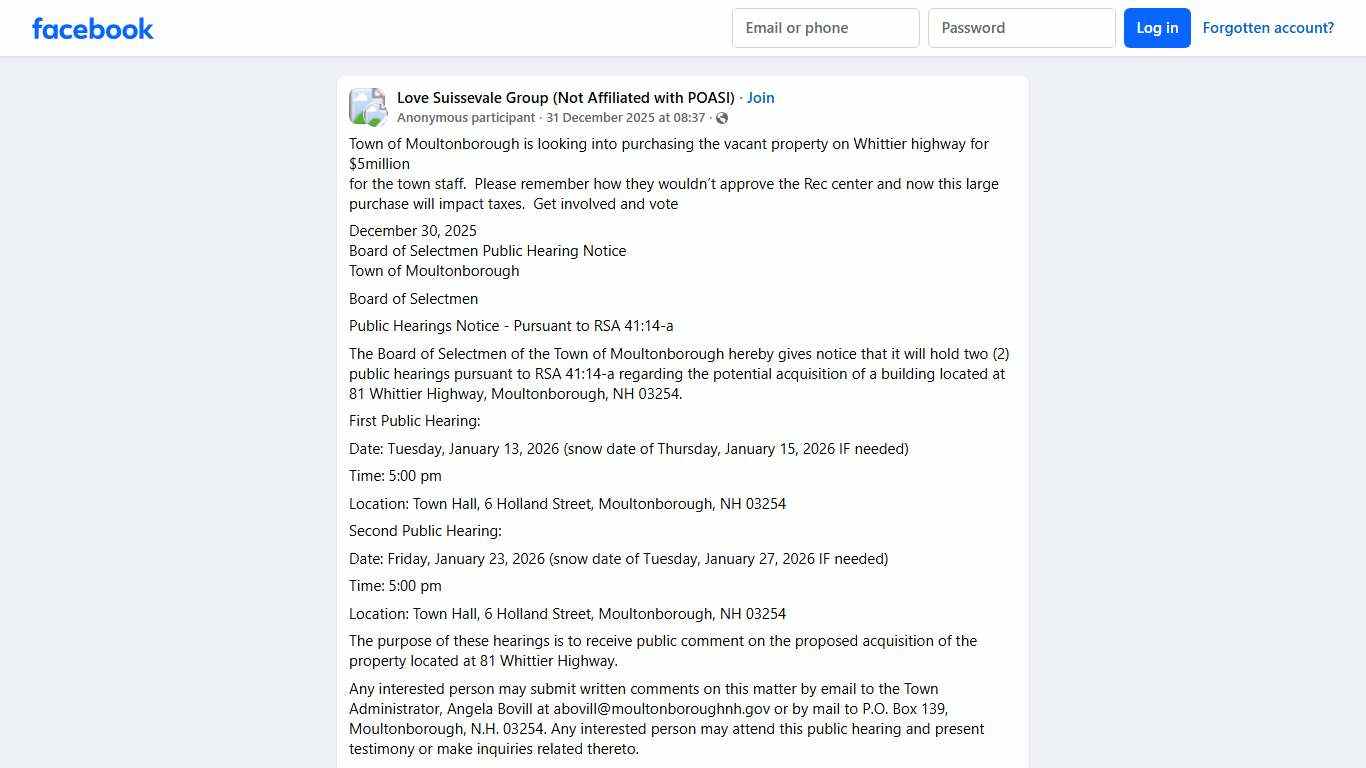 Love Suissevale Group (Not Affiliated with POASI) Town of Moultonborough is looking into purchasing the vacant property on Whittier highway for $5million Facebook